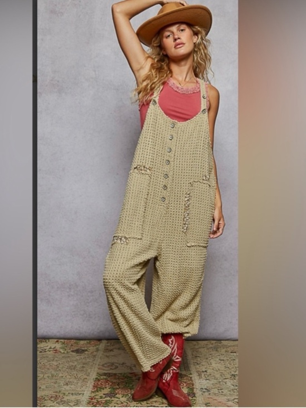 NWT POL cotton slouchy oversized overalls jumpsuit textured neutral beige M